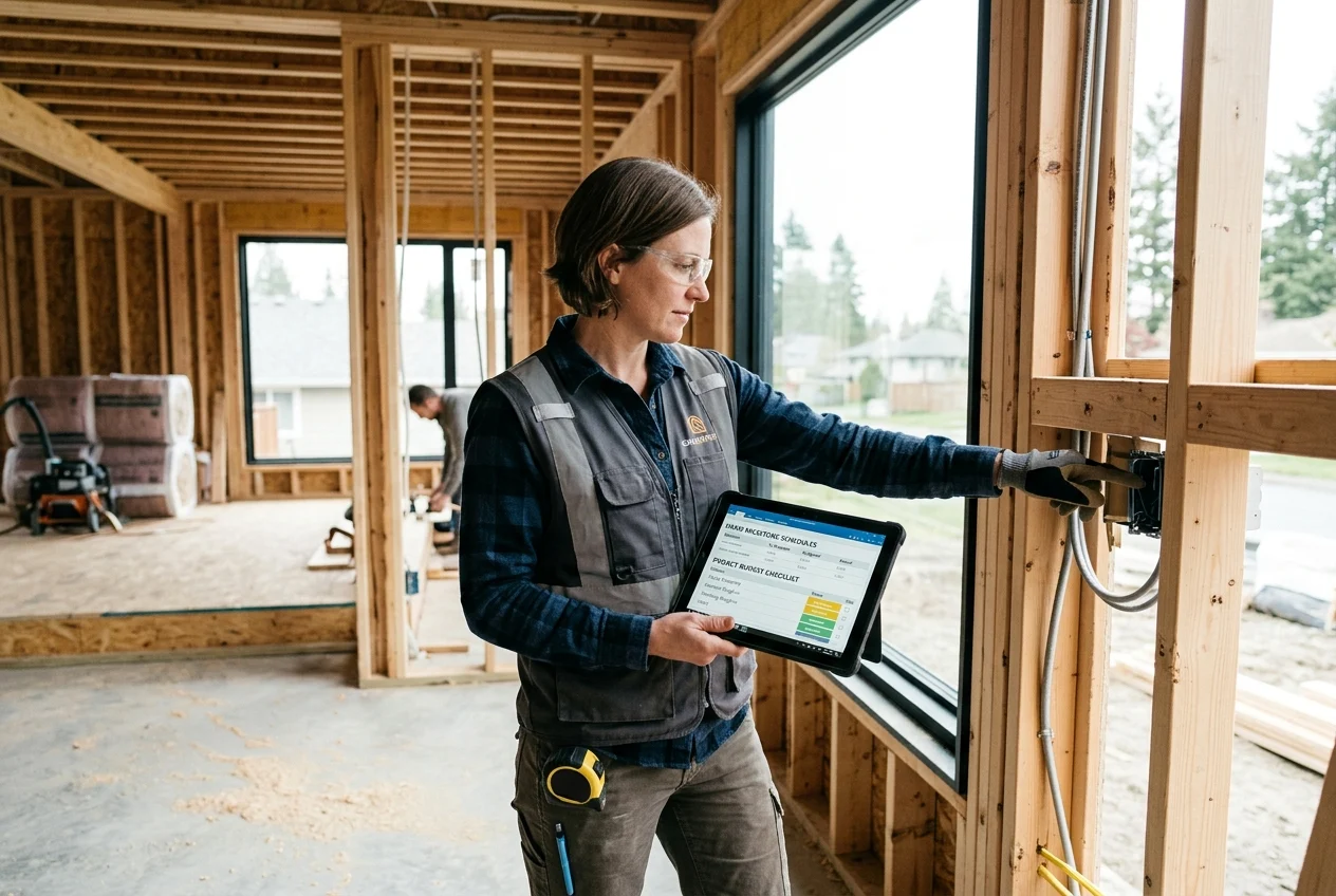 Inspector reviewing construction progress for a draw request
