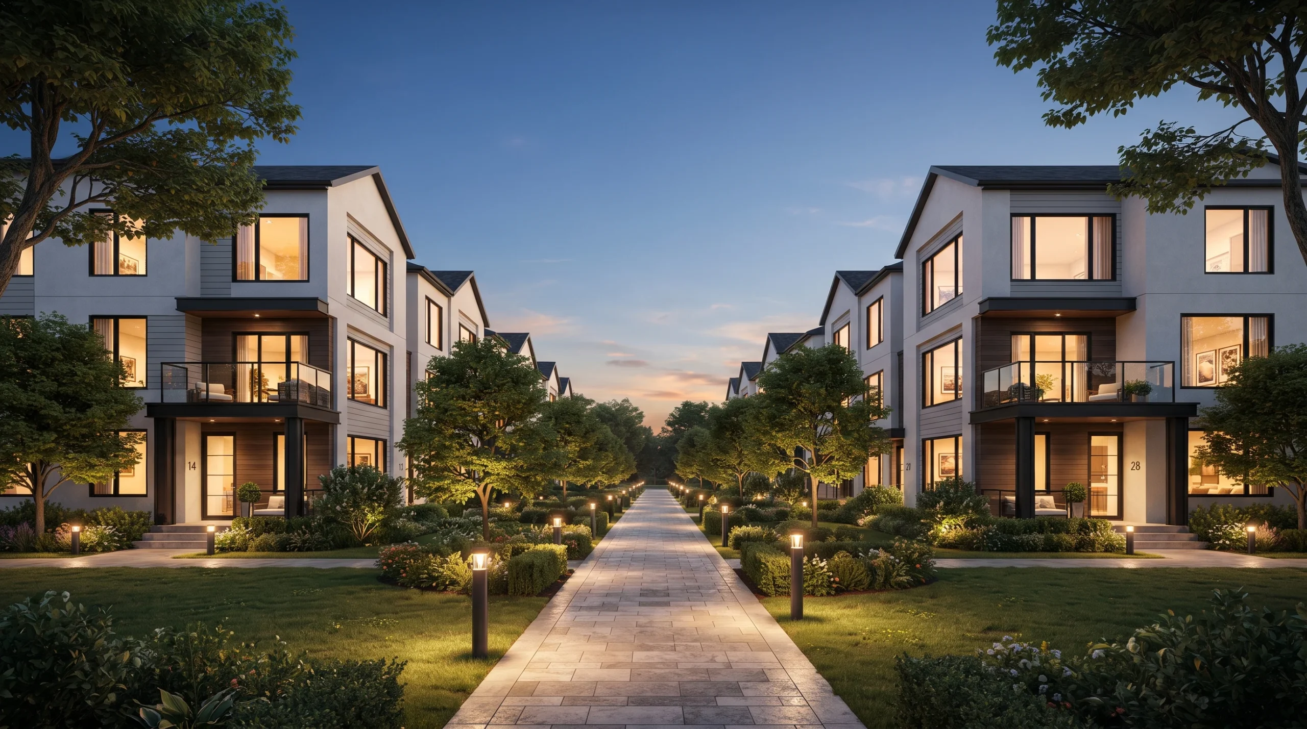 Row of newly built modern townhouses with a paved patio